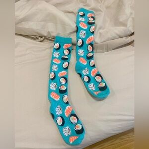 Sushi 🍣 mid calf length turquoise blue socks. Gently used size USA 4-10